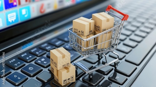 A miniature shopping cart filled with cardboard boxes sits on a laptop keyboard with two more boxes in the foreground. The laptop screen is blurred and shows a variety of colorful icons.