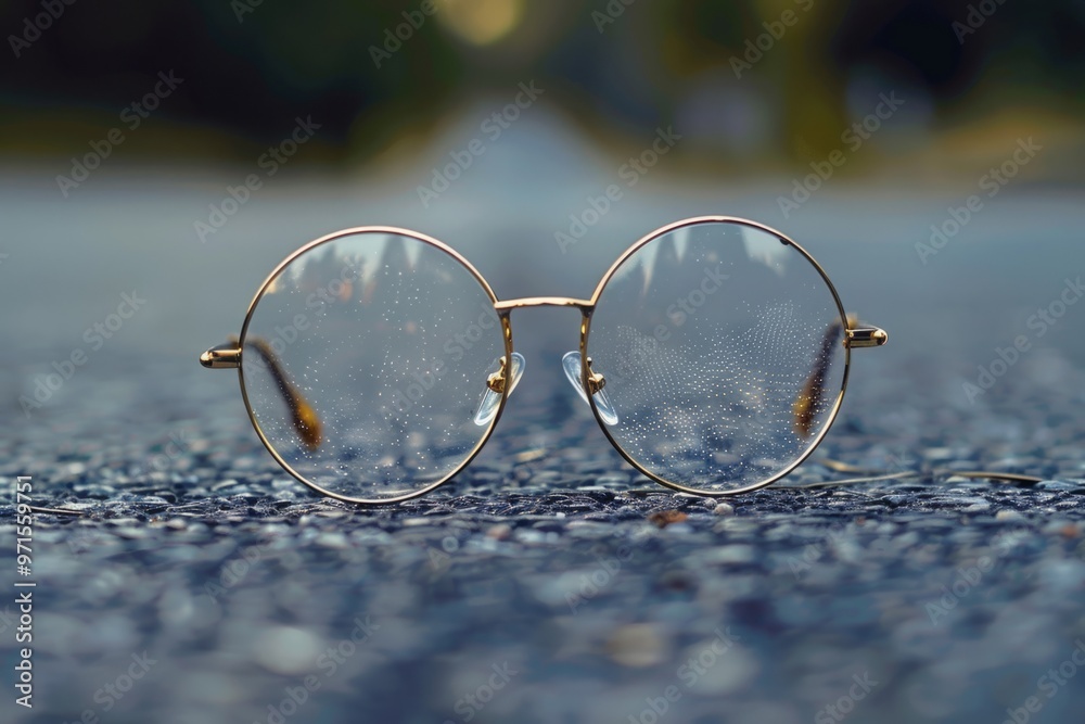 Round glasses resting on asphalt road Round glasses resting on asphalt road