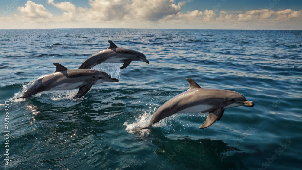 Fototapeta premium dolphin jumping out of water creating a spray of water droplets.