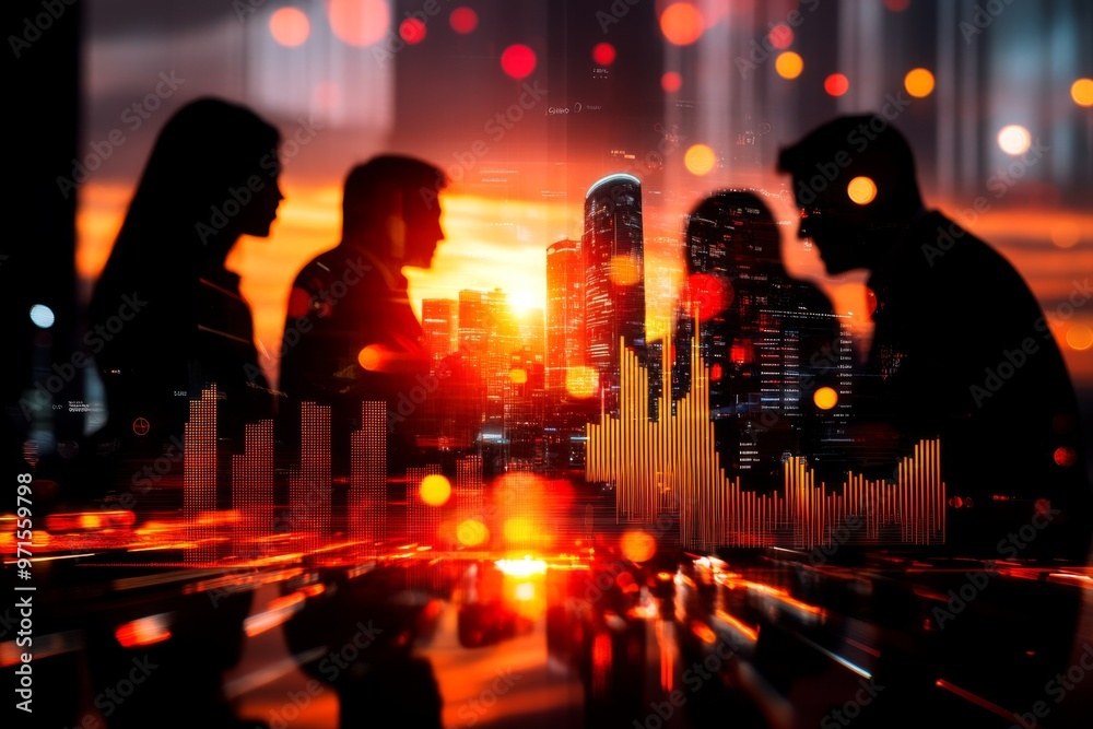 Silhouettes of business professionals against an urban sunset backdrop, blending technology and cityscape elements. Silhouettes of business professionals against an urban sunset backdrop, blending technology and cityscape elements.