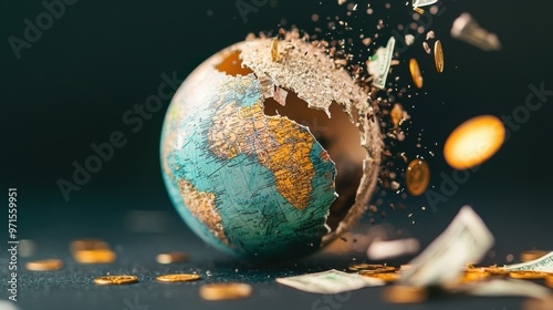Fading Currency: A cracked and incomplete globe at the center, surrounded by currencies that are disintegrating into thin air