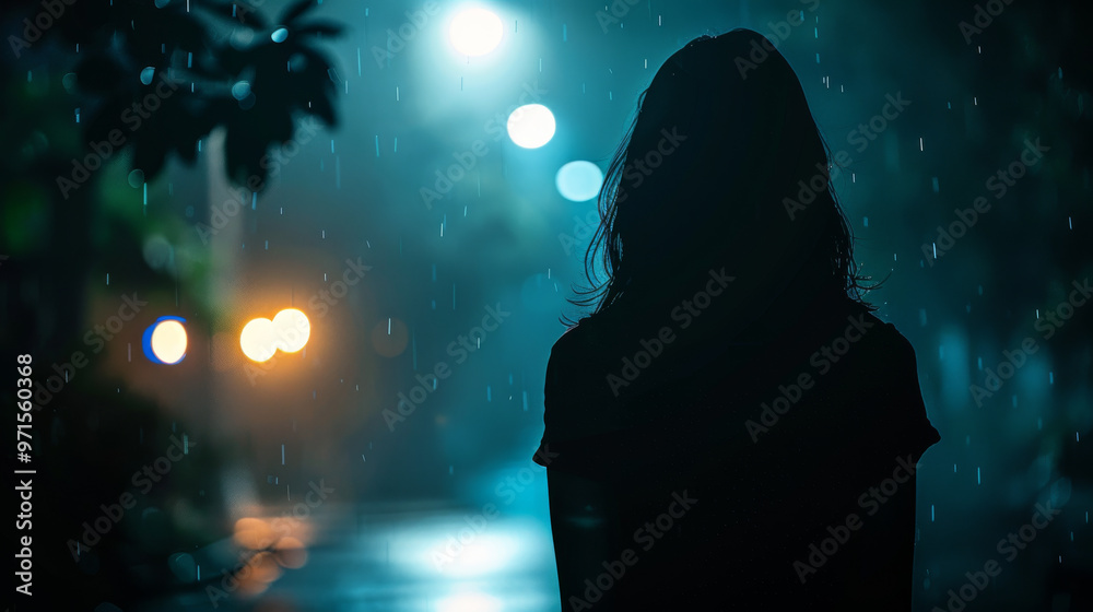 A young lonely woman in a dress walks along the sidewalk through a dark park home on a black summer night. Scary moment and gloomy atmosphere. A young lonely woman in a dress walks along the sidewalk through a dark park home on a black summer night. Scary moment and gloomy atmosphere.