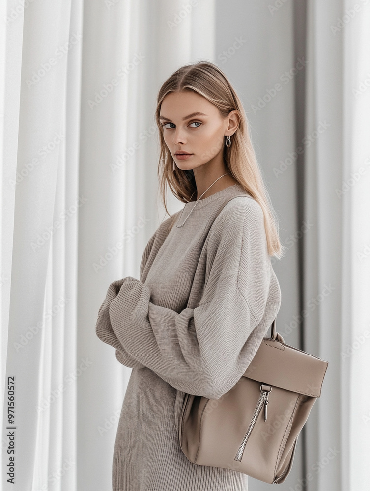 Scandinavian minimalism, model in a monotone outfit of neutral colors against the background of smooth minimalist Scandinavian interior, soft natural light, calm and serene mood. Scandinavian minimalism, model in a monotone outfit of neutral colors against the background of smooth minimalist Scandinavian interior, soft natural light, calm and serene mood.