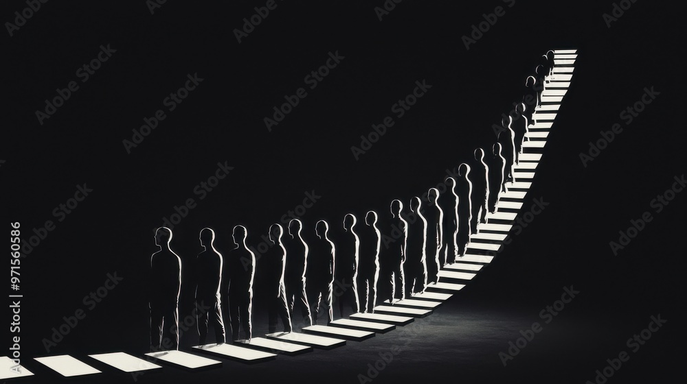 Falling Dominoes of Employment: A chain of human silhouettes shaped like dominoes, gradually toppling over each other into a dark abyss Falling Dominoes of Employment: A chain of human silhouettes shaped like dominoes, gradually toppling over each other into a dark abyss