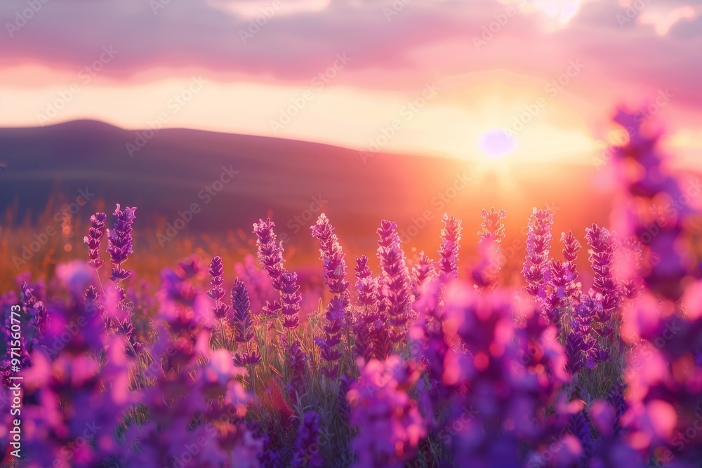 Naklejka premium Beautiful lavender flowers growing in field at sunset
