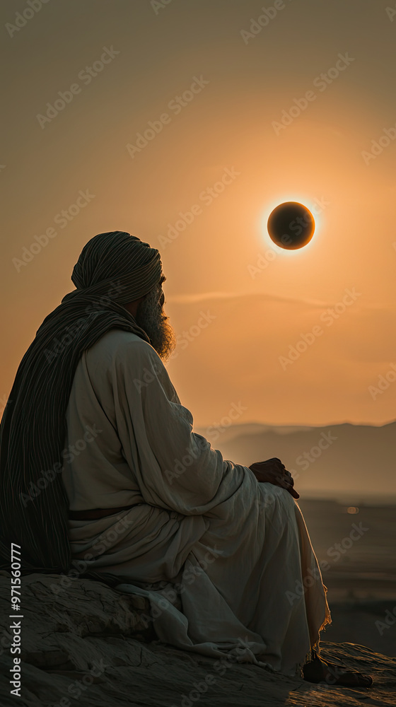 A philosopher observing an eclipse with awe and contemplation A philosopher observing an eclipse with awe and contemplation