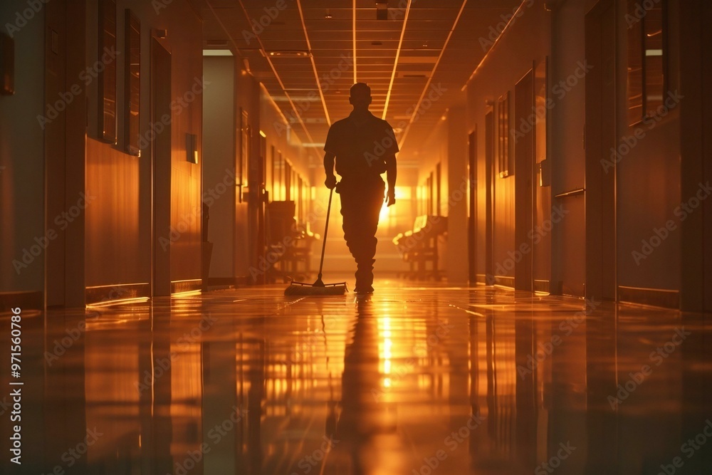 silhouette of a man with a broom cleaning an office corridor.