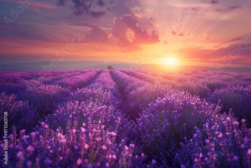 The sun is setting over a field of lavender