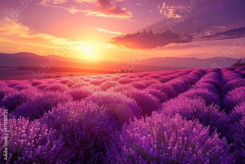 Sun shining over a field of lavender flowers at sunset