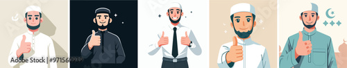 vector set of Muslim boys expressing their thumbs up with a flat design style and white background