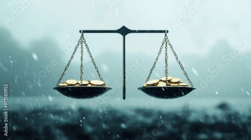 Falling Investment Scale: A set of abstract scales tipping unevenly, with one side carrying heavy clouds and fog symbolizing economic uncertainty photo