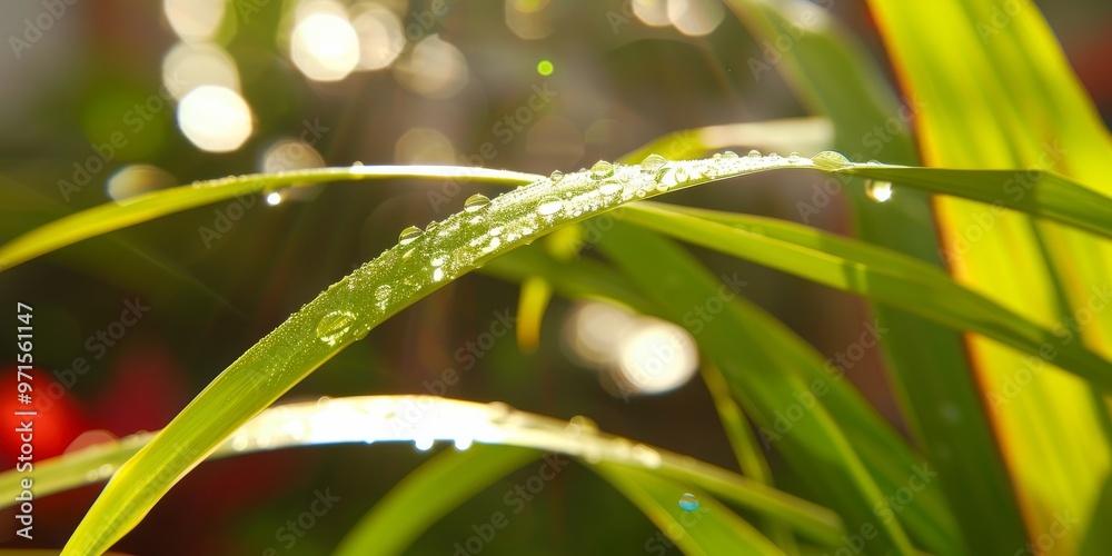 Close-up of dewdrops on lush green grass blades with a beautifully blurred background. Close-up of dewdrops on lush green grass blades with a beautifully blurred background.