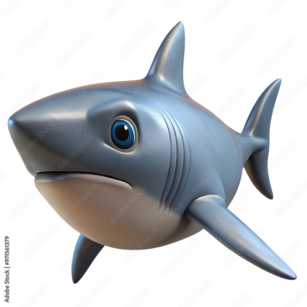 Fototapeta premium Adorable cartoon shark with big blue eyes and a friendly expression. Perfect for children's media or ocean-themed projects.