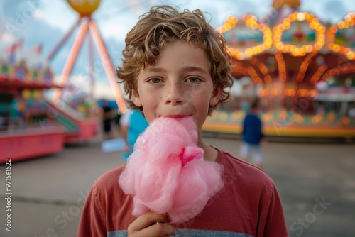 Fototapeta Naklejka Na Ścianę i Meble -  Boy holding pink cotton candy smiling at amusement park