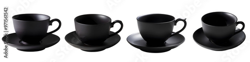 Set of tea cup matte black with saucer isolated on white and transparent background