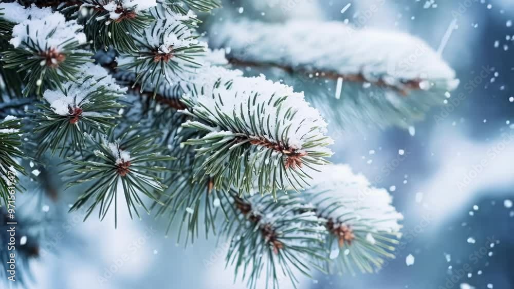 Snow falling on pine branches creates a magical winter scene with cool colors. Serene nature in december captured with frost covered branches Snow falling on pine branches creates a magical winter scene with cool colors. Serene nature in december captured with frost covered branches