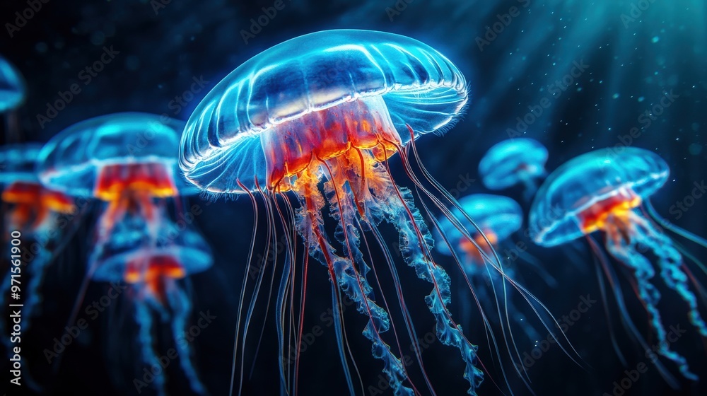 A group of jellyfish are swimming in the ocean A group of jellyfish are swimming in the ocean