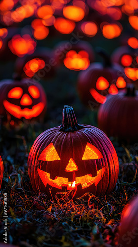 Glowing pumpkins create spooky Halloween atmosphere at dusk