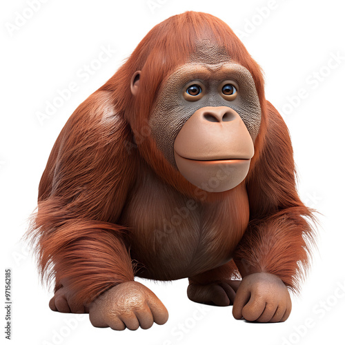 A cute, cartoon-style orangutan with bright fur, showcasing a playful and friendly demeanor. Ideal for children's content. photo