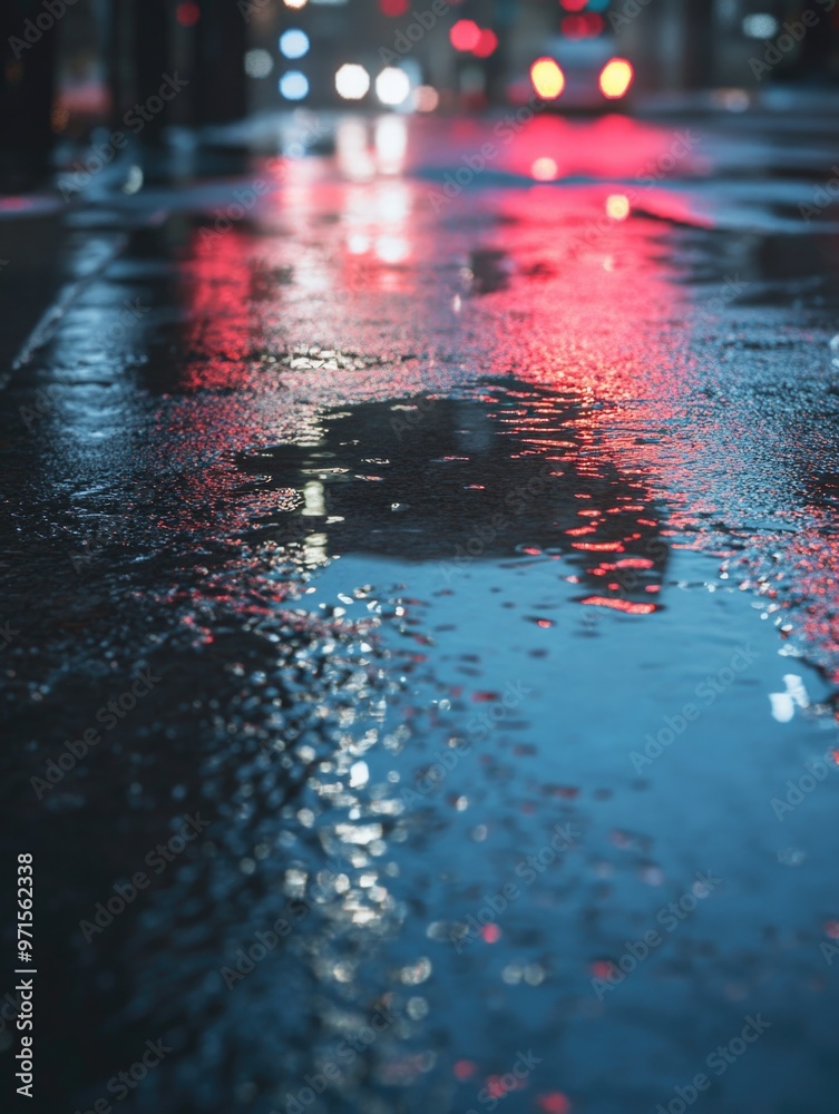 Wet City Street Night Red Lights Wet City Street Night Red Lights