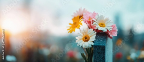 Gravestone with wilted flowers under a gray sky, mourning, quiet reflection in a cemetery #971562573