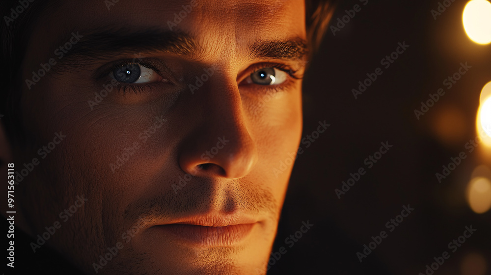 Close-Up Portrait of a Man with Intense Blue Eyes in Warm Lighting Close-Up Portrait of a Man with Intense Blue Eyes in Warm Lighting
