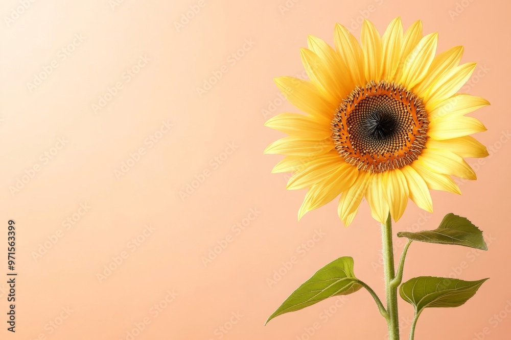 Obraz premium Vibrant sunflower against a peach background, showcasing nature's beauty with bright yellow petals and green leaves.