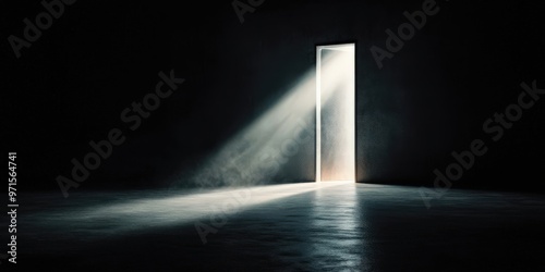 Prison cell door with a single beam of light streaming through, representing guilt s hold, Prison Cell, Guilt, light and dark contrast