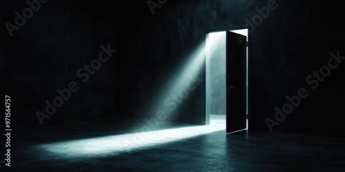 Prison cell door with a single beam of light streaming through, representing guilt s hold, Prison Cell, Guilt, light and dark contrast