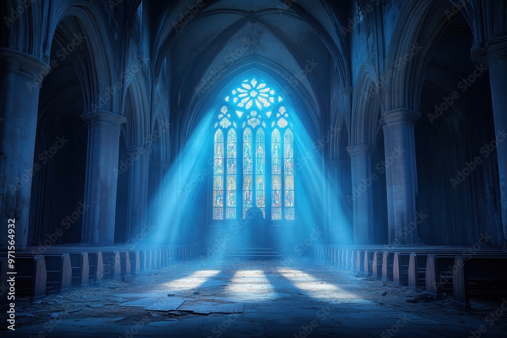 Sanctuary of Azure Light: A dilapidated cathedral bathed in ethereal blue light emanating from a magnificent stained glass window,evoking a sense of hope and mystery. 