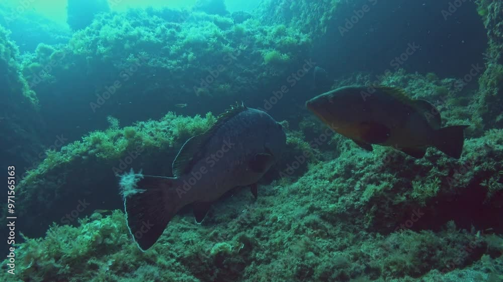 Marine life - Grouper fish swimming close to the camera Marine life - Grouper fish swimming close to the camera