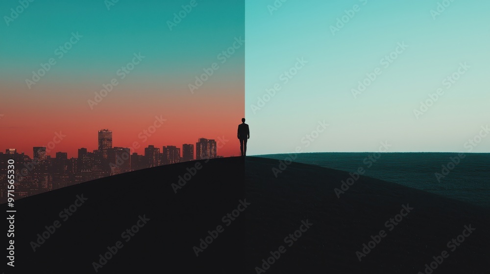 Fototapeta premium Horizon of Duality: A horizon split into two contrasting halves, with the left side depicting a busy city skyline at dusk filled with glowing office windows