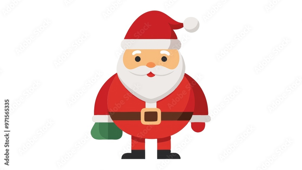 New Year greeting card, Santa Claus in a red suit with a bag of gifts on a white background, flat illustration New Year greeting card, Santa Claus in a red suit with a bag of gifts on a white background, flat illustration