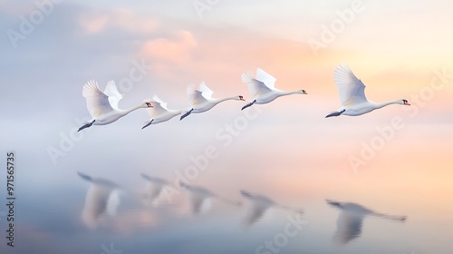 A flock of swans flying low over a still lake at dawn, their wings skimming the surface photo