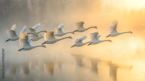 Fototapeta Naklejka Na Ścianę i Meble -  A flock of swans flying low over a still lake at dawn, their wings skimming the surface