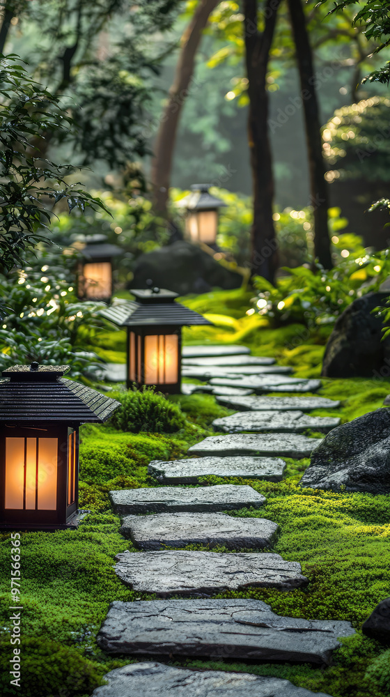 A serene Japanese garden features stone pathway lined with glowing lanterns, creating tranquil atmosphere A serene Japanese garden features stone pathway lined with glowing lanterns, creating tranquil atmosphere