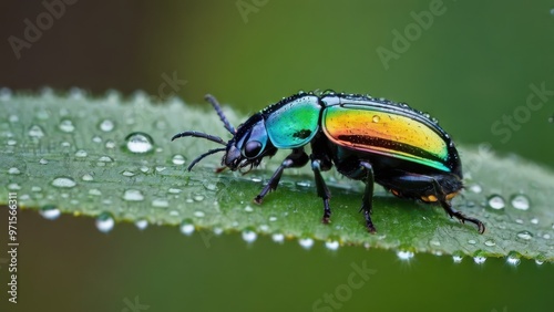 A close-up of a colorful beetle on a leaf covered in water droplets.