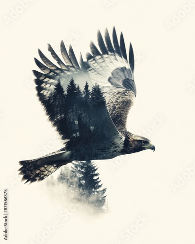 A bird is flying over a forest with trees in the background photo