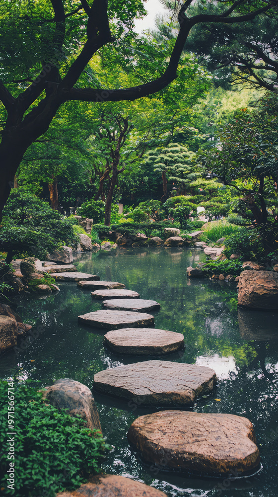 Lush Japanese garden with vibrant green trees and serene water Lush Japanese garden with vibrant green trees and serene water