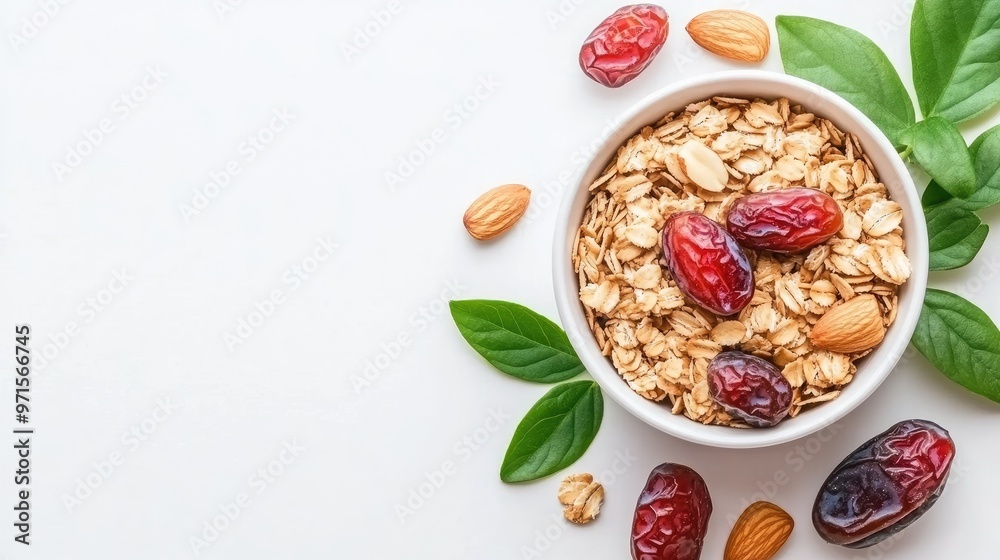 A close-up view showcases granola mixed with dates and almonds against a white backdrop, offering a delightful look at a nutritious snack or breakfast option A close-up view showcases granola mixed with dates and almonds against a white backdrop, offering a delightful look at a nutritious snack or breakfast option