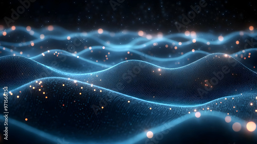 Abstract wave-like patterns with glowing particles in a dark background.