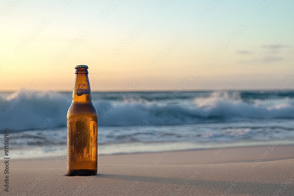 A lone beer bottle standing on a sandy beach, with waves crashing in the background A lone beer bottle standing on a sandy beach, with waves crashing in the background