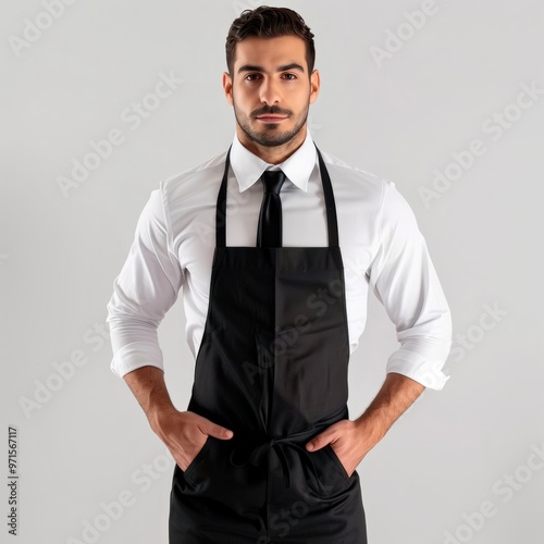Professional man in a black apron and dress shirt poses confidently against a plain backdrop while showcasing his culinary skills