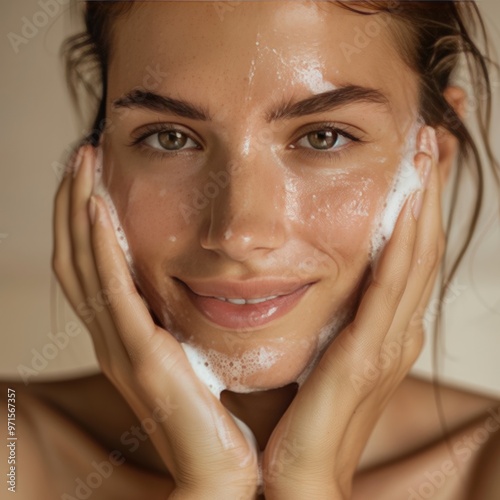 A woman enjoying a refreshing facial cleanse at home during the morning hours