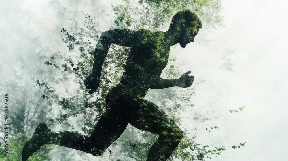 A man running through a forest with trees in the background A man running through a forest with trees in the background