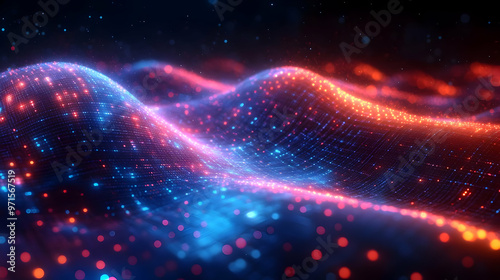 Abstract waves of glowing particles in vibrant colors, representing digital landscapes.