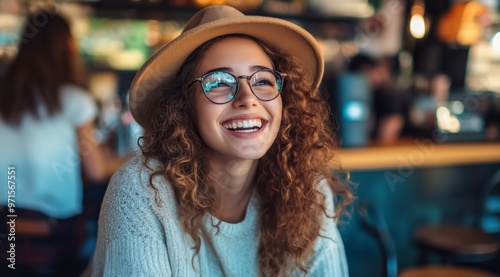 Cheerful Young Woman in Hat and Glasses Laughing with Friends at Coffee Shop