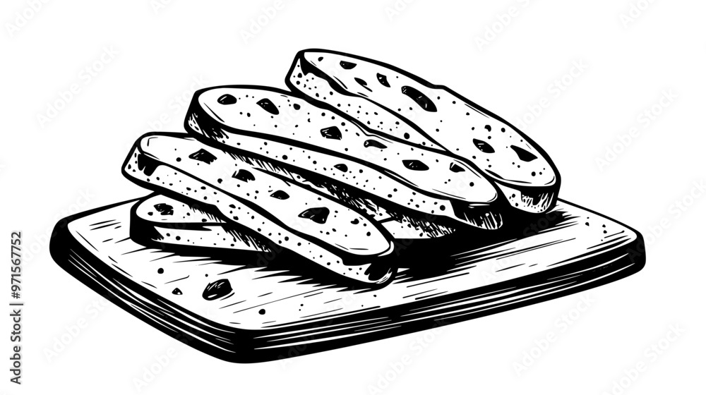Biscotti pieces stacked in pairs on a wooden cutting board with crumbs visible, vector illustration art Biscotti pieces stacked in pairs on a wooden cutting board with crumbs visible, vector illustration art