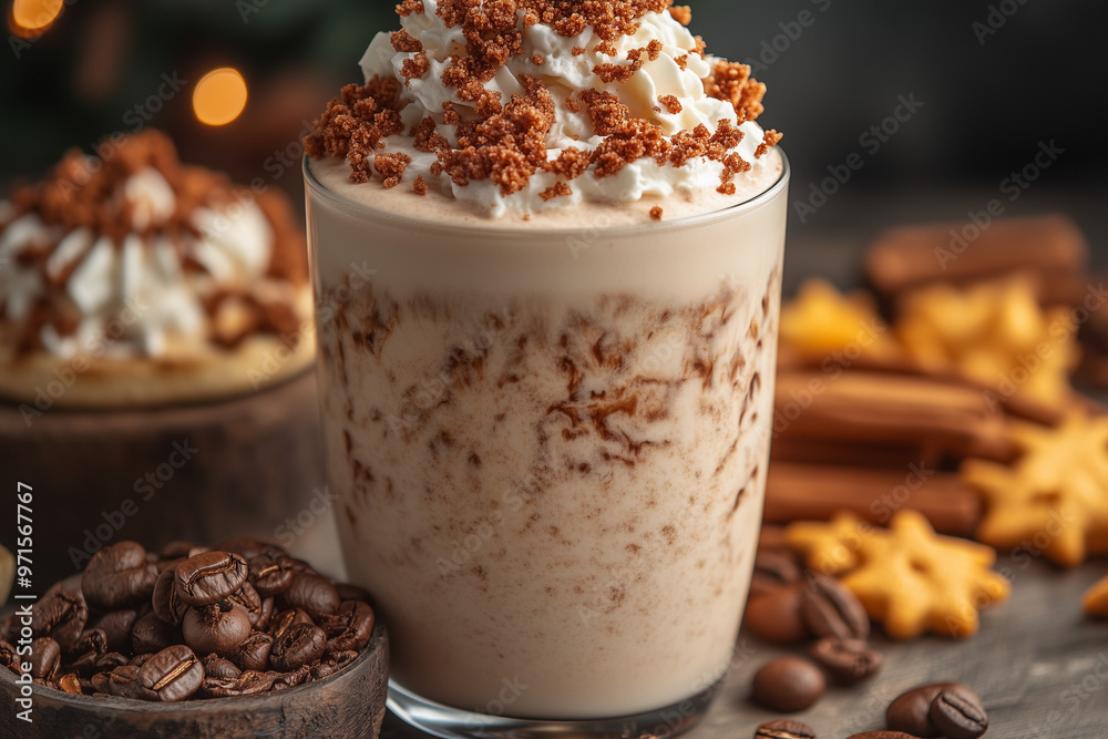a close-up of a latte macchiato with whipped cream a close-up of a latte macchiato with whipped cream