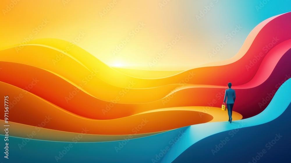 Locked Path to Success: A winding path with floating locks along the way, each one unlocking as the person walks forward Locked Path to Success: A winding path with floating locks along the way, each one unlocking as the person walks forward